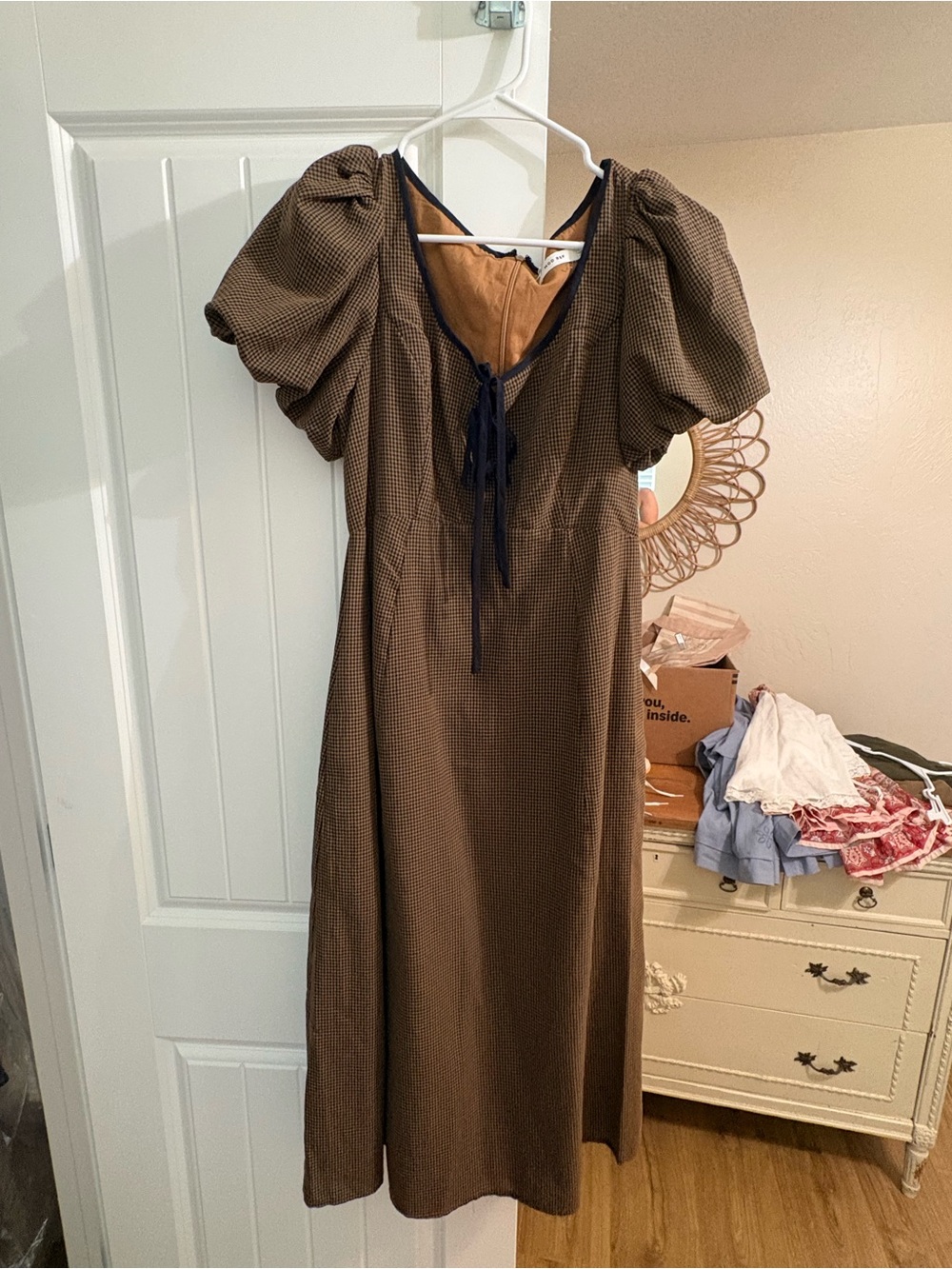 Mod Ref Brown Puff-Sleeve Midi Dress with Tie Neckline